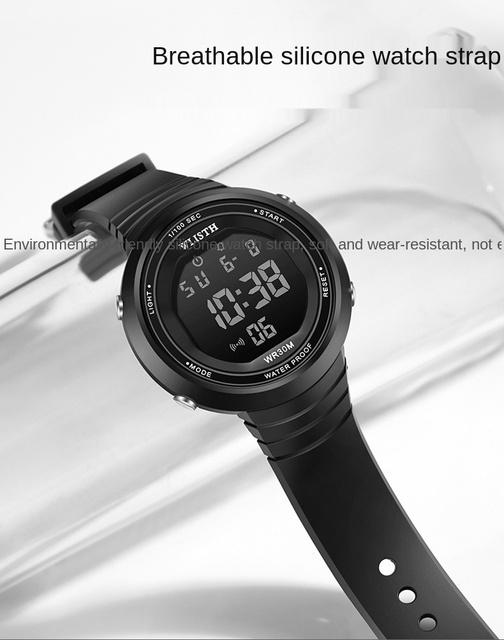 Damski zegarek LED cyfrowy wielofunkcyjny wodoodporny czarny - Wianko - 8