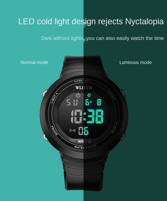 Damski zegarek LED cyfrowy wielofunkcyjny wodoodporny czarny - Wianko - 6