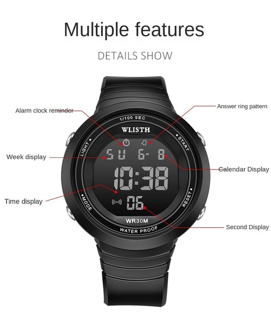 Damski zegarek LED cyfrowy wielofunkcyjny wodoodporny czarny - Wianko - 3