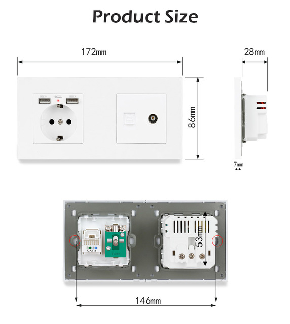 Panel UNKAS z gniazdkiem elektrycznym, 2 portami USB i 1 gniazdem RJ11 - biały (172*86mm) - Wianko - 2