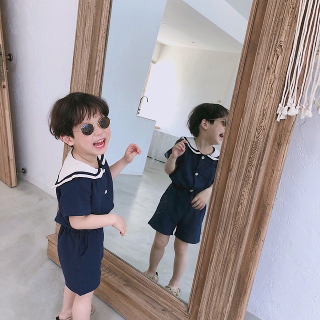 Ubranie dla dzieci styl japoński - koszulka z marynarskim kołnierzykiem i lniane spodnie lato 2 sztuki - Wianko - 9