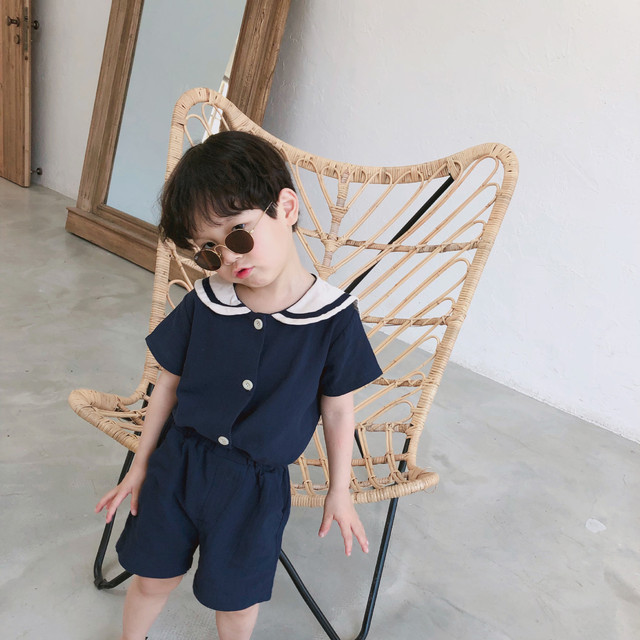 Ubranie dla dzieci styl japoński - koszulka z marynarskim kołnierzykiem i lniane spodnie lato 2 sztuki - Wianko - 4