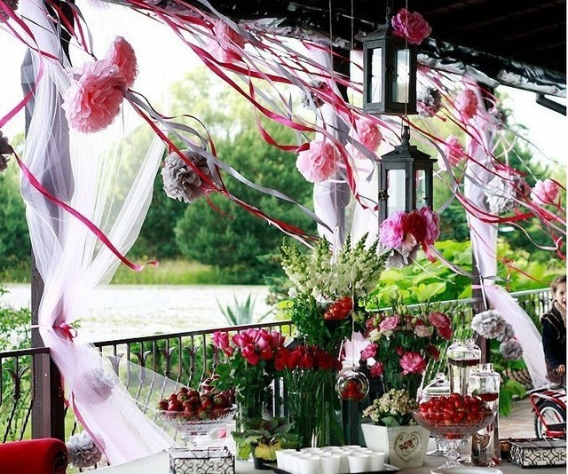 Pompony kwiatowe z papierowej tkanki, średnica 40cm, do dekoracji wnętrz na wesele, urodziny, tea party - Wianko - 2