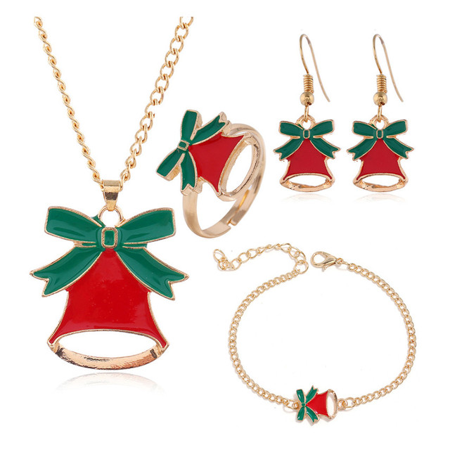 Zestaw biżuterii - naszyjnik, bransoletka, pierścień, kolczyki - złoty dzwonek świąteczny - Wianko - 4