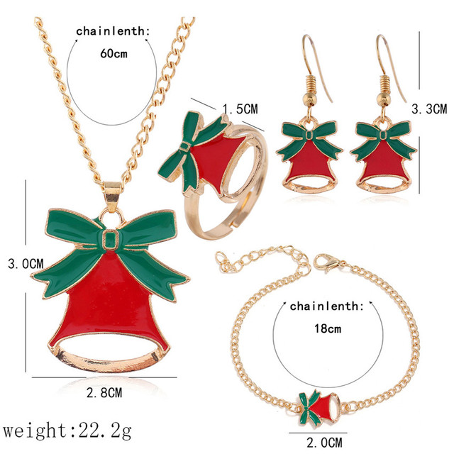 Zestaw biżuterii - naszyjnik, bransoletka, pierścień, kolczyki - złoty dzwonek świąteczny - Wianko - 3