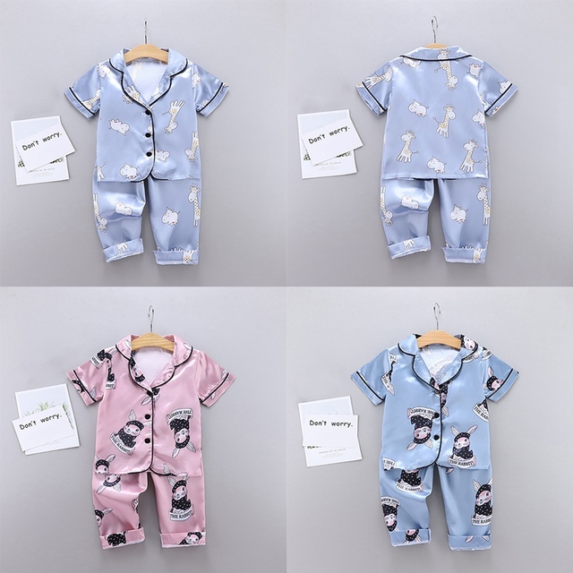 Letni komplet piżam dziecięcych dla dziewcząt i chłopców - bluzka z krótkim rękawem + spodnie nocne, ścieg piżamy, żyrafa - Wianko - 1