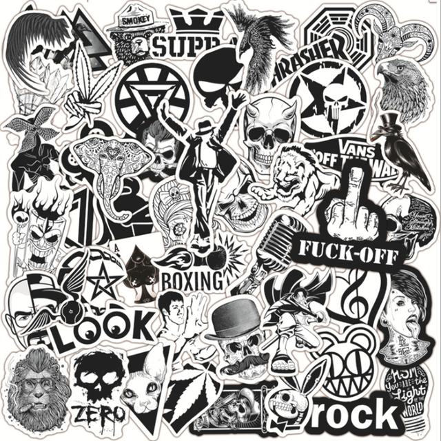 Naklejki Rock Graffiti w czarno-białym stylu - 10/30/50 sztuk, wodoodporne, idealne na motocykl, laptopa - hurtownia - Wianko - 2