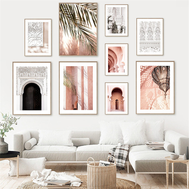 Plakat na płótnie z liściem palmowym, przedstawiający marokańską architekturę islamską - idealny dekoracyjny dodatek do salonu - Wianko - 1