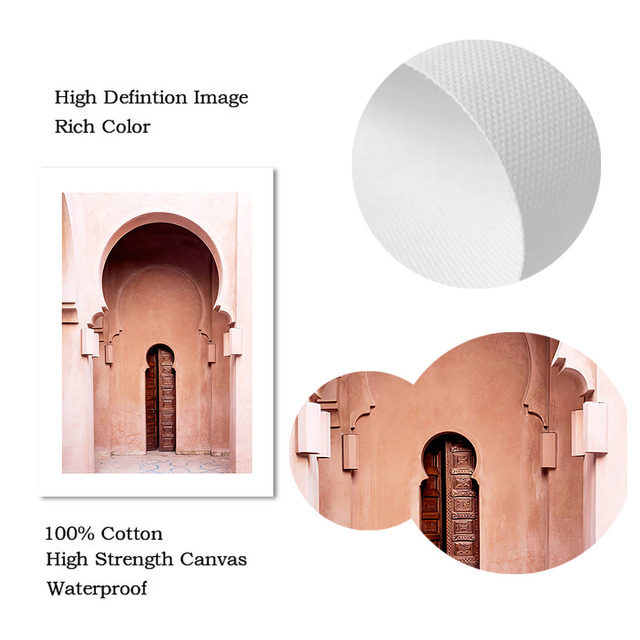 Plakat na płótnie z liściem palmowym, przedstawiający marokańską architekturę islamską - idealny dekoracyjny dodatek do salonu - Wianko - 5