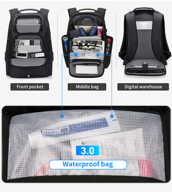 Fenruien - wodoodporny plecak z USB do ładowania, zabezpieczony przed kradzieżą, dedykowany dla mężczyzn, pasujący do laptopa 15.6 Cal, podróżny o dużej pojemności - Wianko - 4