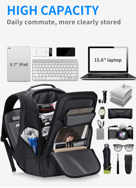 Fenruien - wodoodporny plecak z USB do ładowania, zabezpieczony przed kradzieżą, dedykowany dla mężczyzn, pasujący do laptopa 15.6 Cal, podróżny o dużej pojemności - Wianko - 3