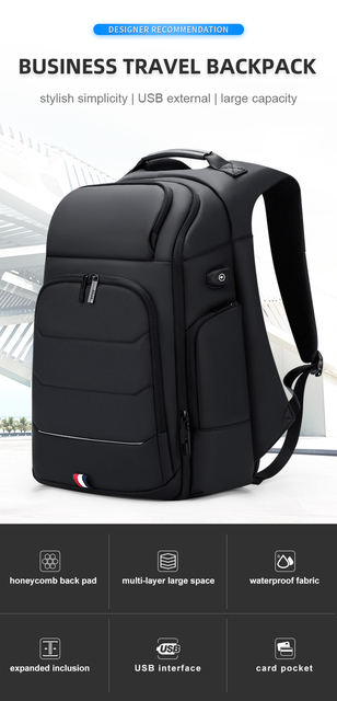 Fenruien - wodoodporny plecak z USB do ładowania, zabezpieczony przed kradzieżą, dedykowany dla mężczyzn, pasujący do laptopa 15.6 Cal, podróżny o dużej pojemności - Wianko - 1