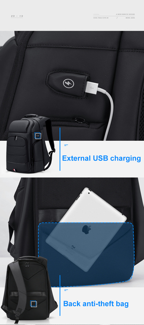 Fenruien - wodoodporny plecak z USB do ładowania, zabezpieczony przed kradzieżą, dedykowany dla mężczyzn, pasujący do laptopa 15.6 Cal, podróżny o dużej pojemności - Wianko - 12