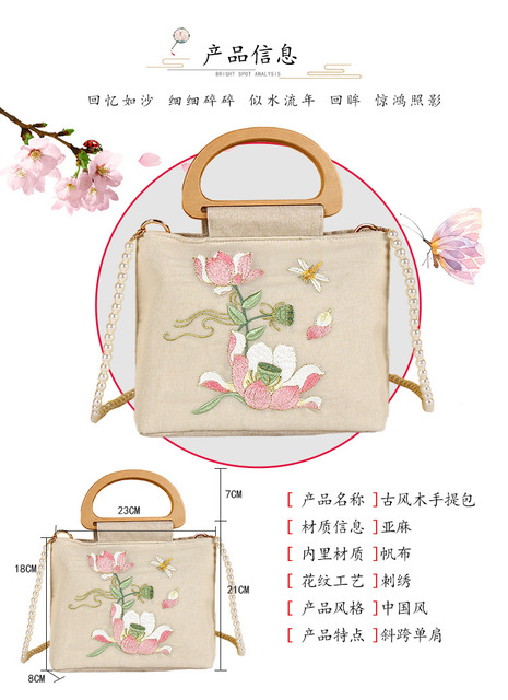 Torba podróżna z lnianego organzy, haftowany motyw kwiatowy, prosty chiński styl, drewniana rama - Wianko - 6