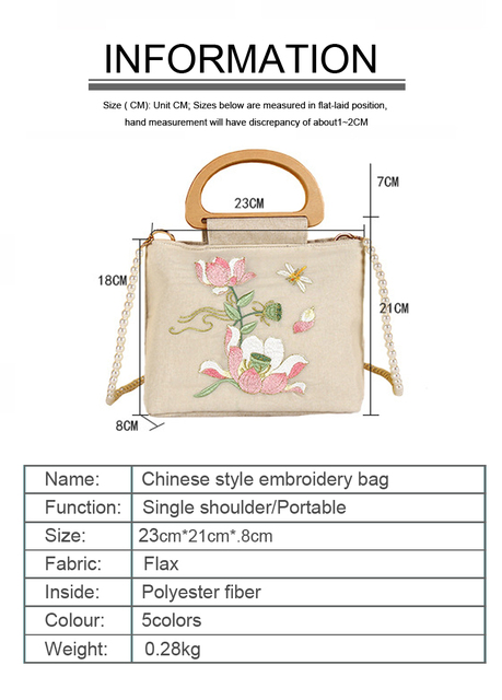 Torba podróżna z lnianego organzy, haftowany motyw kwiatowy, prosty chiński styl, drewniana rama - Wianko - 3