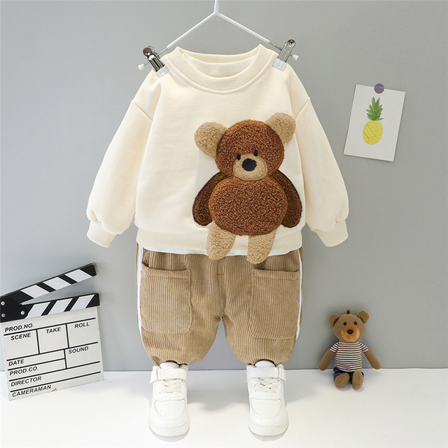 Zestaw ubrań zimowych dla niemowląt HYLKIDHOUSE dla chłopców i dziewczynek - niedźwiedzie, pluszowe topy i spodnie - Wianko - 4
