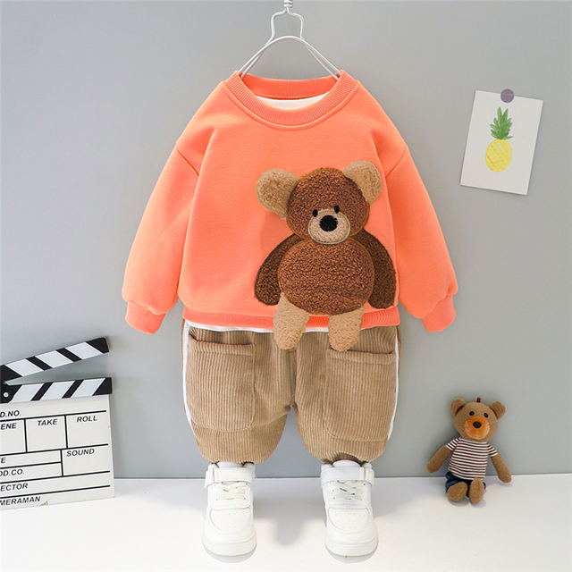Zestaw ubrań zimowych dla niemowląt HYLKIDHOUSE dla chłopców i dziewczynek - niedźwiedzie, pluszowe topy i spodnie - Wianko - 2