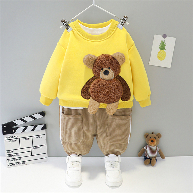 Zestaw ubrań zimowych dla niemowląt HYLKIDHOUSE dla chłopców i dziewczynek - niedźwiedzie, pluszowe topy i spodnie - Wianko - 3