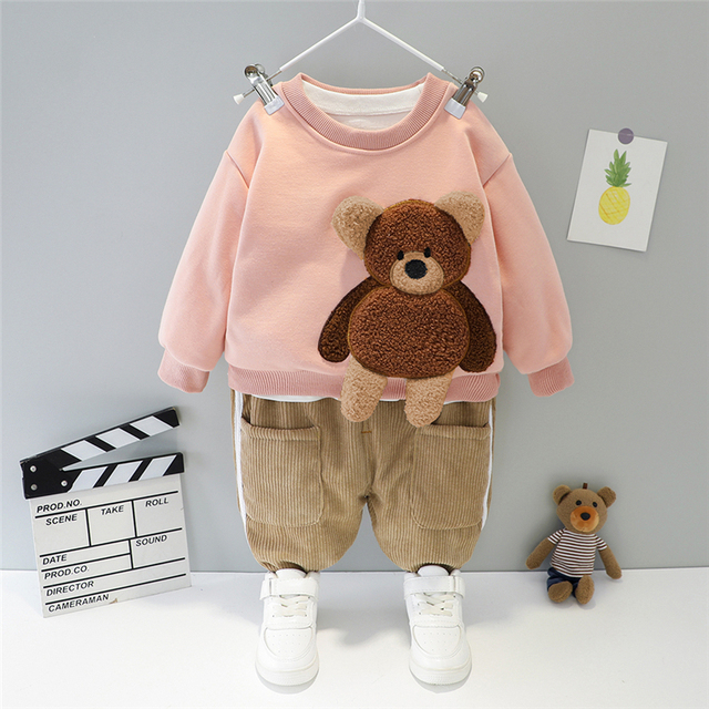 Zestaw ubrań zimowych dla niemowląt HYLKIDHOUSE dla chłopców i dziewczynek - niedźwiedzie, pluszowe topy i spodnie - Wianko - 5