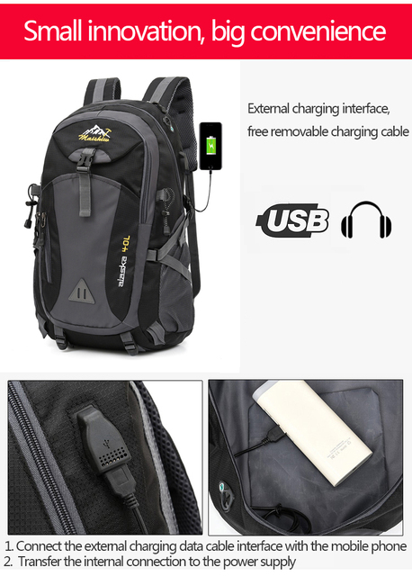 Wodoodporny plecak turystyczny uniseks z ładowarką USB - 40L - Wianko - 19