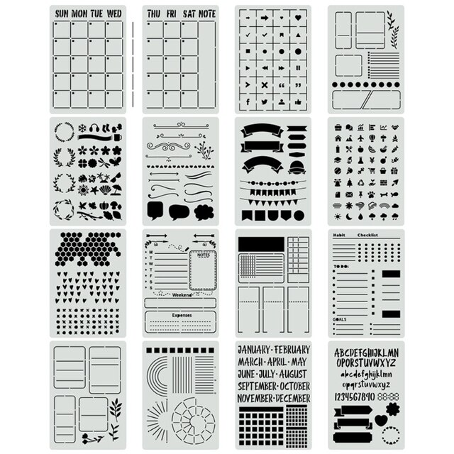 16 plastikowych szablonów do notatnika i pamiętnika - planowanie, DIY, rysunek (model B95C) - Wianko - 1