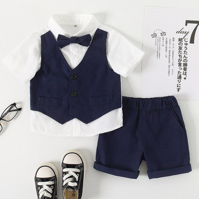 Zestaw garniturków chłopięcych: letnia krótka koszula i spodenki, klasyka dla dzieci, formalne stroje dla chłopców - Wianko - 1