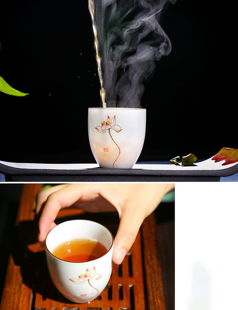 Zestaw 2 filiżanek ręcznie malowanych ceramicznych o wzorze lotosu - akcesoria do herbaty - Wianko - 3
