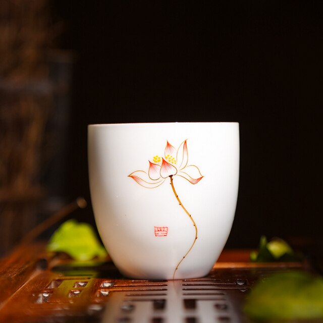 Zestaw 2 filiżanek ręcznie malowanych ceramicznych o wzorze lotosu - akcesoria do herbaty - Wianko - 2