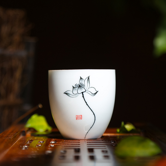 Zestaw 2 filiżanek ręcznie malowanych ceramicznych o wzorze lotosu - akcesoria do herbaty - Wianko - 7
