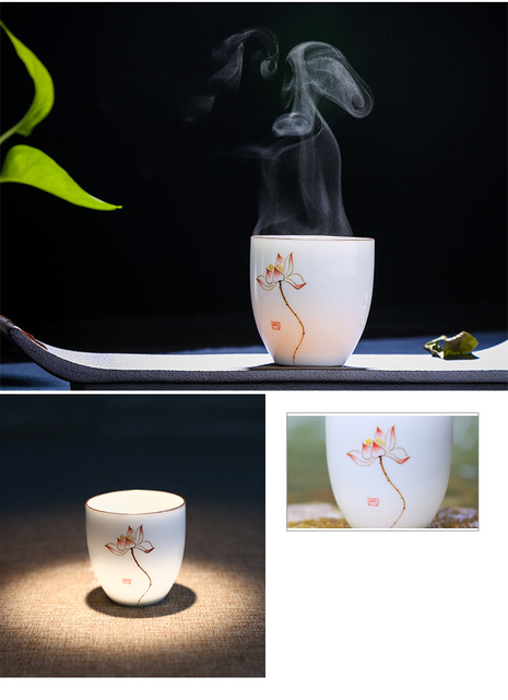 Zestaw 2 filiżanek ręcznie malowanych ceramicznych o wzorze lotosu - akcesoria do herbaty - Wianko - 5