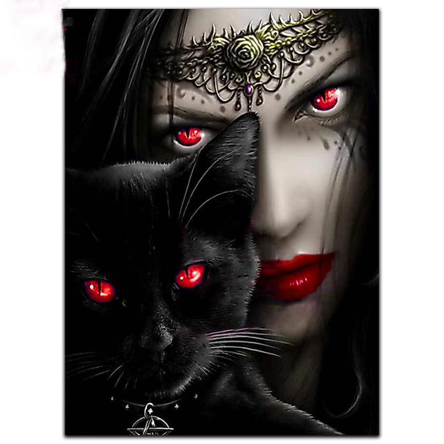 Diamentowy obraz Horror Czarownica i kotek na ścianie – ręcznie farbowany, pełen wiertłach, artystyczny (Tytuł finalny po dopracowaniu) - Wianko - 2