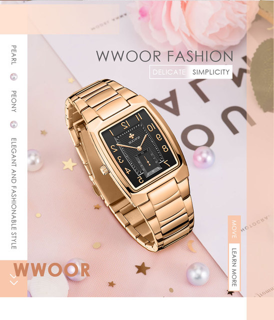 Nowoczesne złote zegarki damskie WWOOR o kwadratowym kształcie - stalowe bransoletki, wodoodporne Relogio Feminino - Wianko - 3