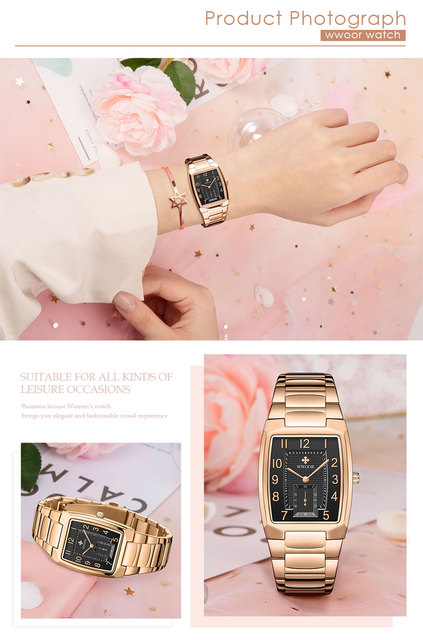 Nowoczesne złote zegarki damskie WWOOR o kwadratowym kształcie - stalowe bransoletki, wodoodporne Relogio Feminino - Wianko - 9