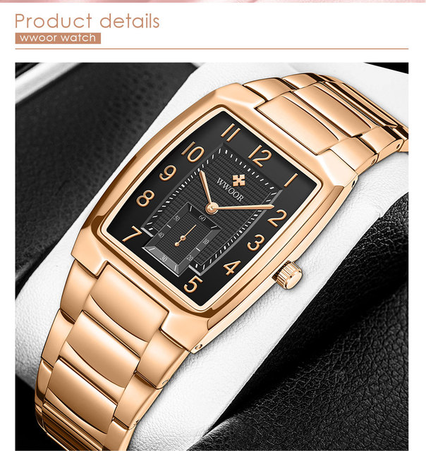 Nowoczesne złote zegarki damskie WWOOR o kwadratowym kształcie - stalowe bransoletki, wodoodporne Relogio Feminino - Wianko - 6
