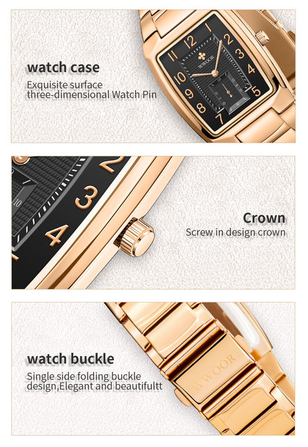 Nowoczesne złote zegarki damskie WWOOR o kwadratowym kształcie - stalowe bransoletki, wodoodporne Relogio Feminino - Wianko - 7