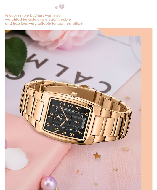 Nowoczesne złote zegarki damskie WWOOR o kwadratowym kształcie - stalowe bransoletki, wodoodporne Relogio Feminino - Wianko - 4