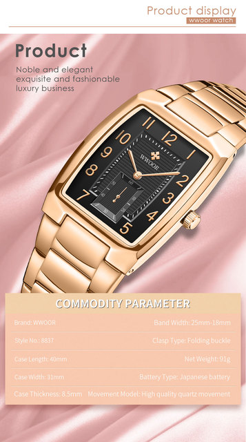 Nowoczesne złote zegarki damskie WWOOR o kwadratowym kształcie - stalowe bransoletki, wodoodporne Relogio Feminino - Wianko - 5