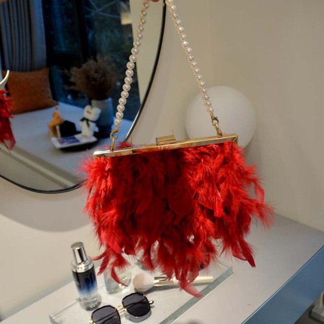 Luksusowa torebka kopertówka damska z prawdziwymi strusimi piórami i uchwytem Tassel na wieczorne imprezy i kolacje - Wianko - 5