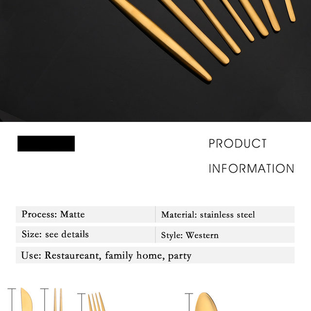 Zestaw 304 matowych złotych sztućców ze stali nierdzewnej: nóż stołowy, łyżka, widelec, pałeczki, deserowa łyżeczka, do herbaty - zastawa stołowa - Wianko - 3