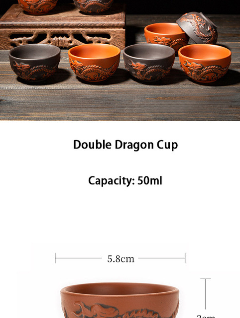 Podwójny kubek do herbaty z motywem smoka, wykonany z retro chińskiej purpurowej gliny, idealny do ceremonii parzenia herbaty Puerh Dahongpao - Wianko - 4