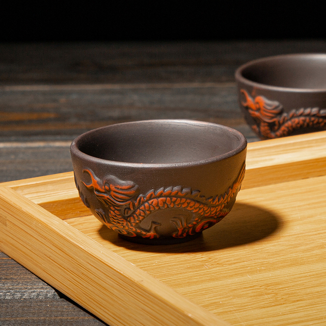 Podwójny kubek do herbaty z motywem smoka, wykonany z retro chińskiej purpurowej gliny, idealny do ceremonii parzenia herbaty Puerh Dahongpao - Wianko - 16