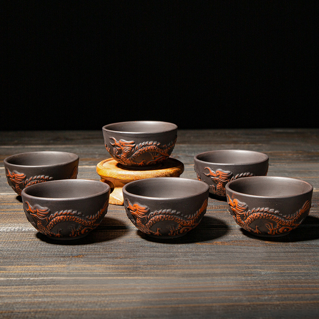 Podwójny kubek do herbaty z motywem smoka, wykonany z retro chińskiej purpurowej gliny, idealny do ceremonii parzenia herbaty Puerh Dahongpao - Wianko - 15