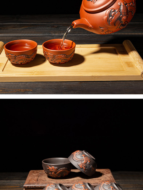 Podwójny kubek do herbaty z motywem smoka, wykonany z retro chińskiej purpurowej gliny, idealny do ceremonii parzenia herbaty Puerh Dahongpao - Wianko - 11