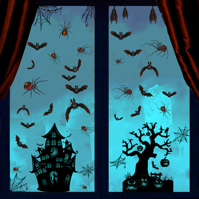 Naklejki na okna - Upiorny naklejka na okno z motywem Halloween: nietoperz, zamek i pająk - Wianko - 1