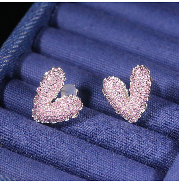 Zestaw różowych diamentowych kolczyków serce 925 srebro wysokiej jakości z cyrkoniami - Wianko - 4