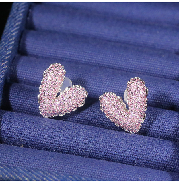 Zestaw różowych diamentowych kolczyków serce 925 srebro wysokiej jakości z cyrkoniami - Wianko - 16