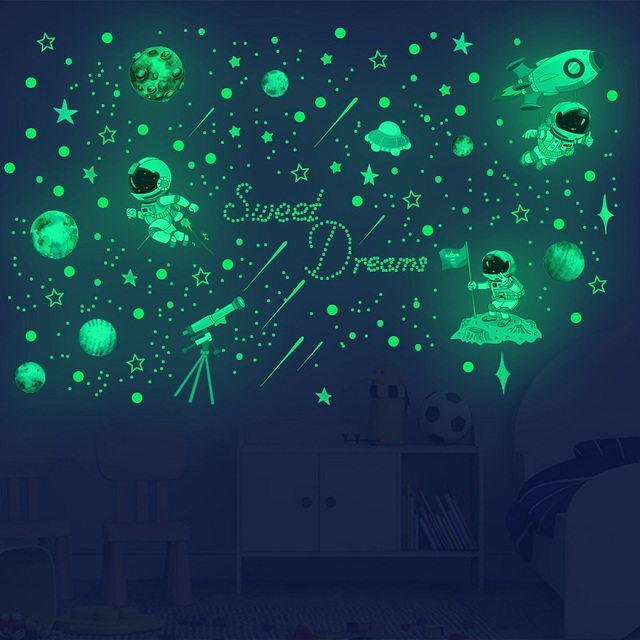 Luminous astronauta naklejki ścienne - dekoracja wnętrza fluorescencyjne gwiazdy, planeta, rakieta, świetliste naklejki na ścianę salonu, sypialni - świecące w ciemności - Wianko - 16