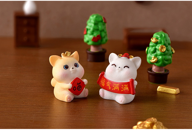 Nowy Rok Kot na Szczęście - Figurka Cartoon Model Zwierzęcia Drzewo żywiczne - Dekoracja Domu i Ogrodu miniaturowa bajkowa - Wianko - 7