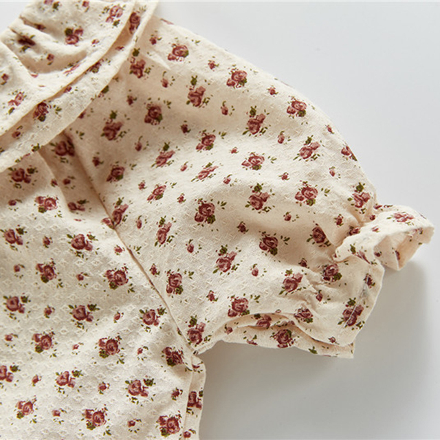 Dziewczęca koszula letnia z podwójną plisowaną warstwą - styl Vintage, bawełna lniana, dla niemowlaka i malucha (nadruk z różą) - Wianko - 5