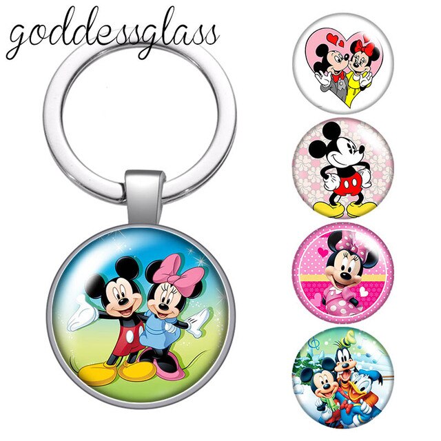 Śliczny uchwyt brelok do kluczyków na samochód z okrągłym szkłem cabochon z postaciami Mickey i Minnie Mouse - prezent dla dzieci - Wianko - 1